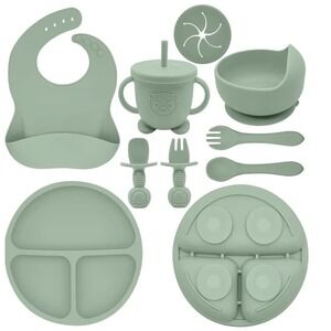 Silicone Baby Feeding Set BPA Free Plate Bowl Cup Bib Utensils Sage Green